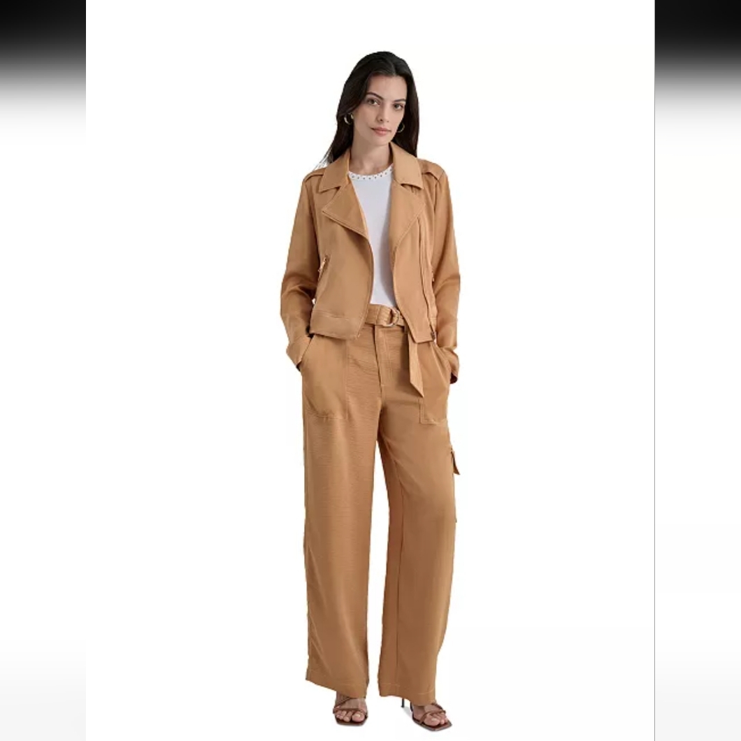 Dkny Tawny Orangy Belted Wide-Leg Cargo Pants With Moto Jacket. Nwt Large
